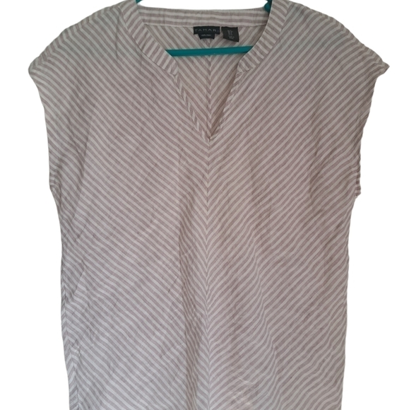 TAHARI 100% LINEN TOP V Neck short sleeve stripe coastal resort wear beachy SM - Picture 1 of 10